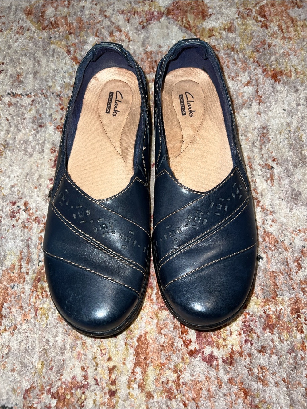 Clarks Navy Leather Slip-On Comfort Flats